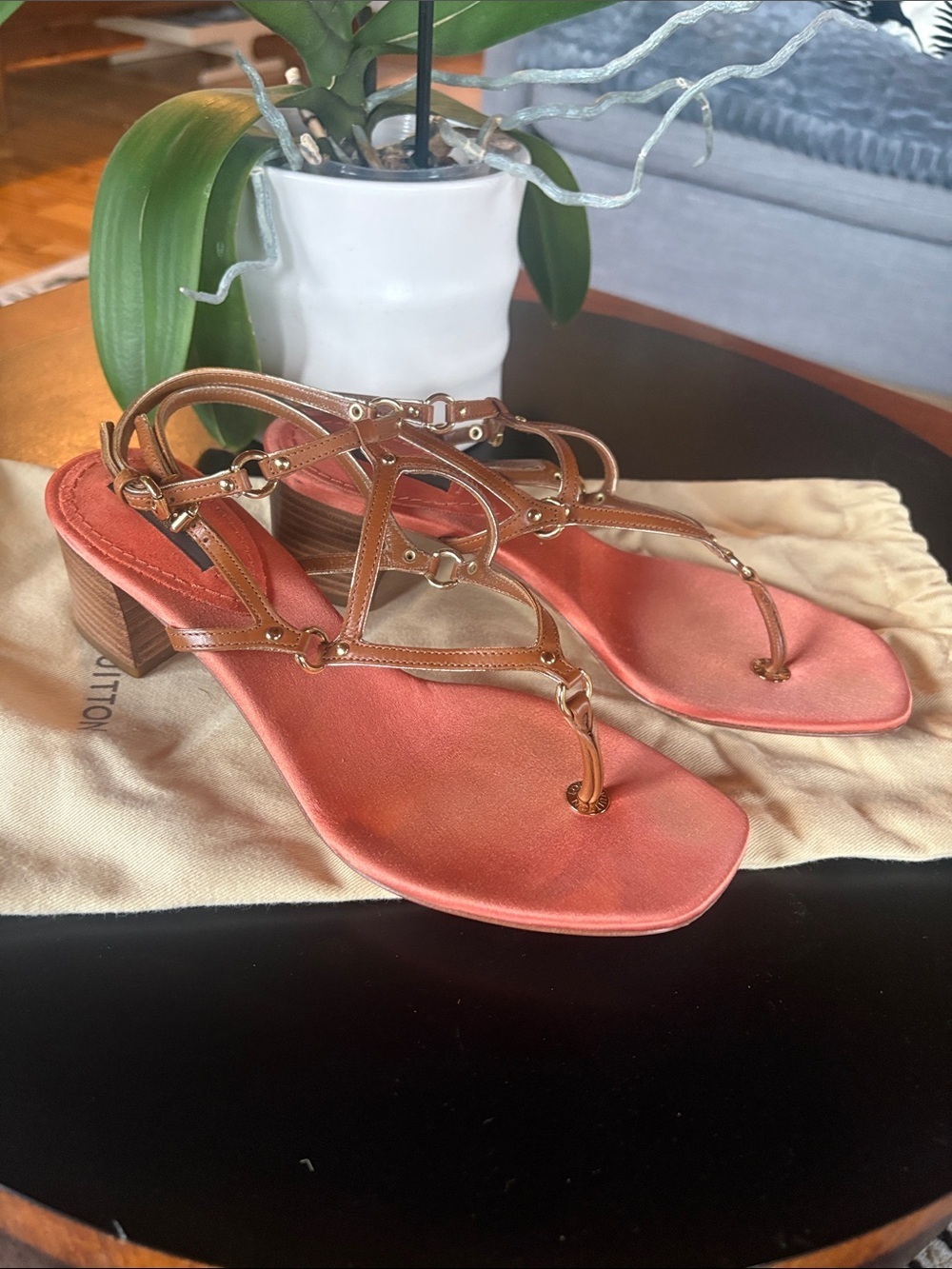 Louis Vuitton Coral and Tan T-Strap Sandals with Gold Hardware - Picture 7 of 12